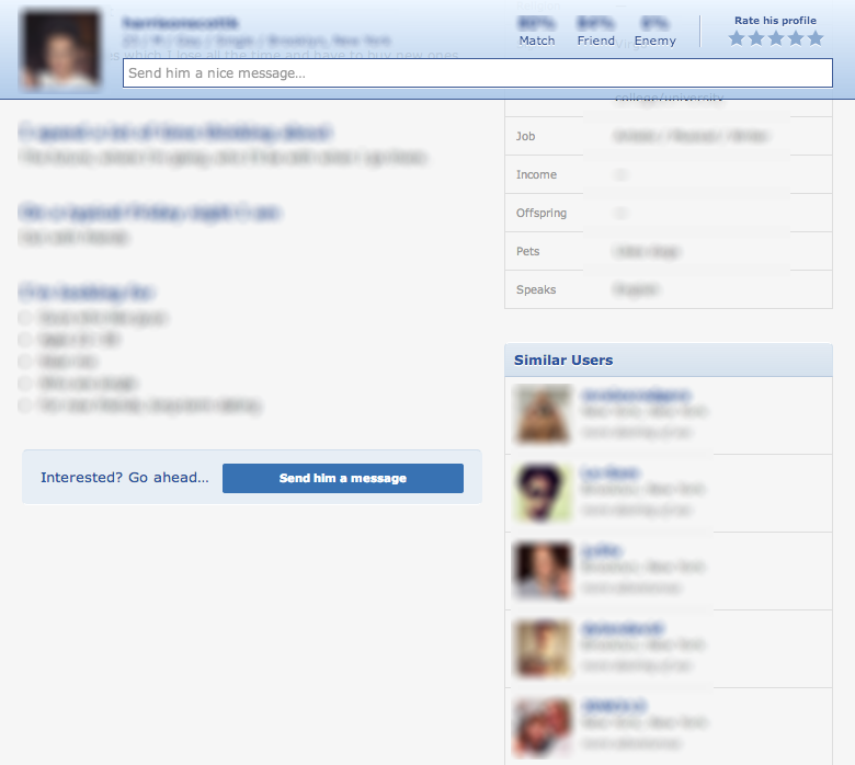 Partially blurred okCupid profile page