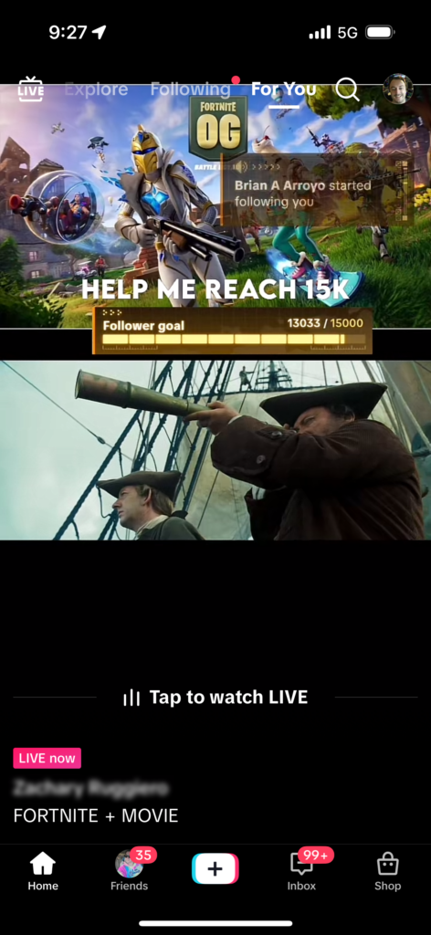 Entry screen for an illegal TikTok livestream of POTC, stacked with a Fortnite game