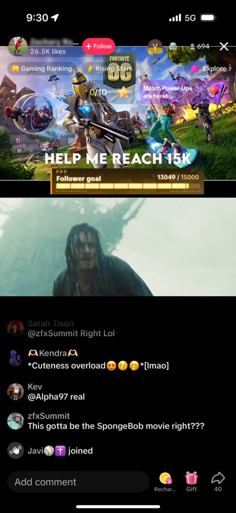 Illegal TikTok livestream of POTC, stacked with the comment feed and a Fortnite game