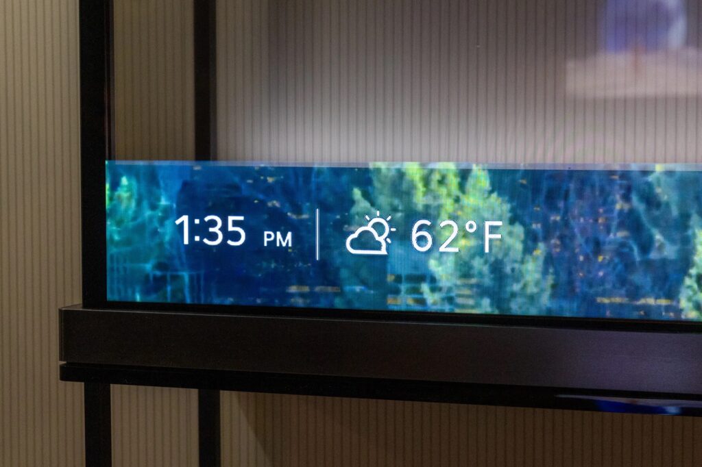 The T-Bar feature on the LG Signature OLED T can be used to show news and information while the rest of the screen is transparent.